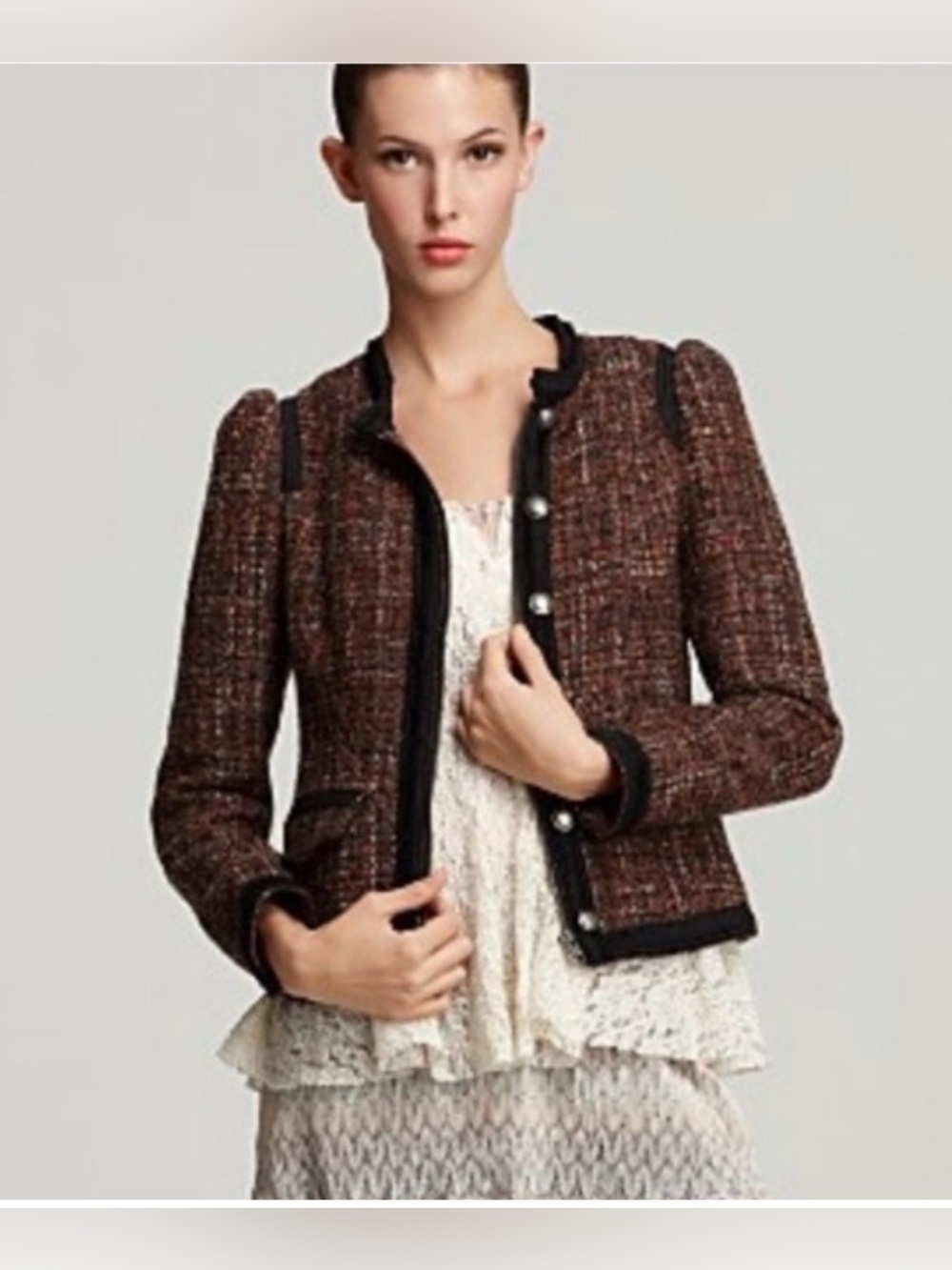 Free People multi-colored Coco tweed jacket with black trim. Preppy Lady jacket